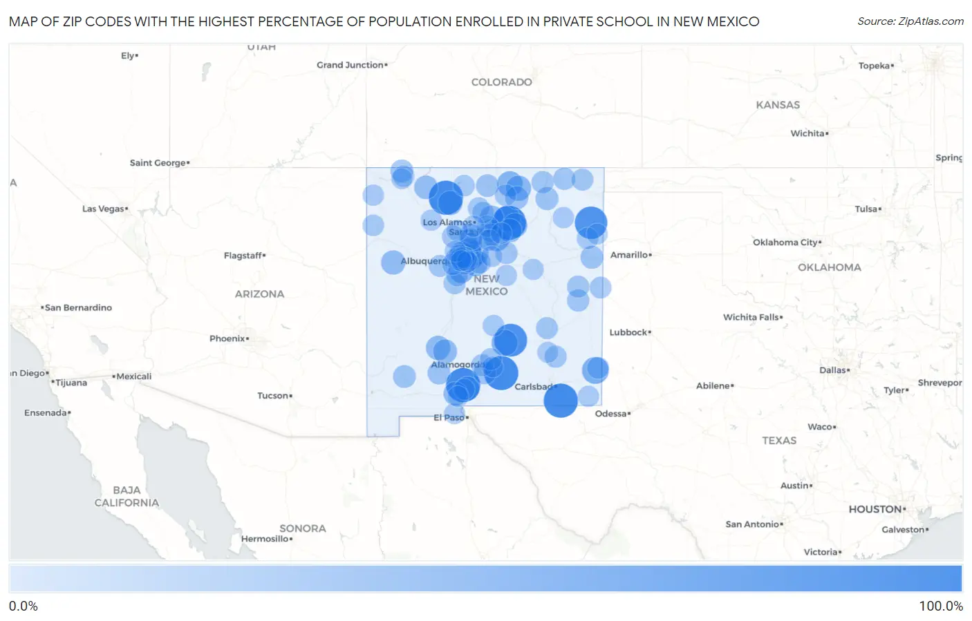 Zip Codes with the Highest Percentage of Population Enrolled in Private School in New Mexico Map