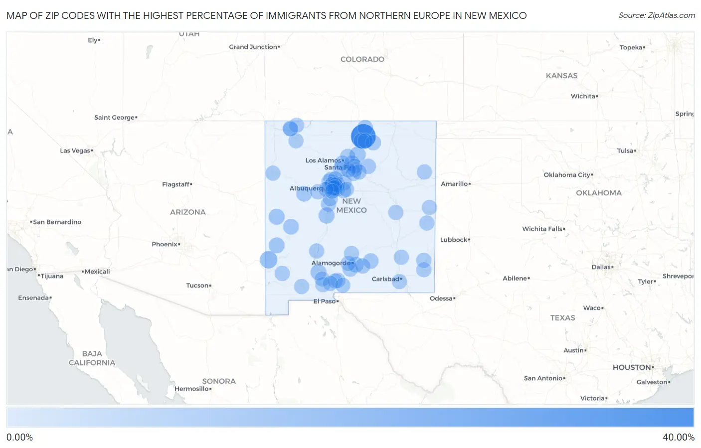 Zip Codes with the Highest Percentage of Immigrants from Northern Europe in New Mexico Map