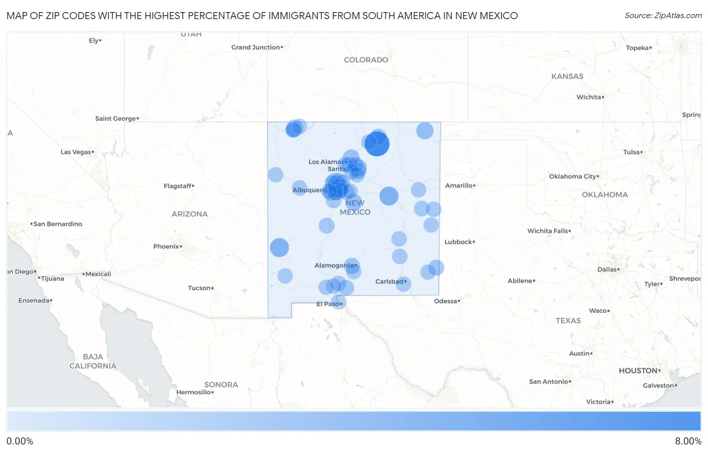 Zip Codes with the Highest Percentage of Immigrants from South America in New Mexico Map