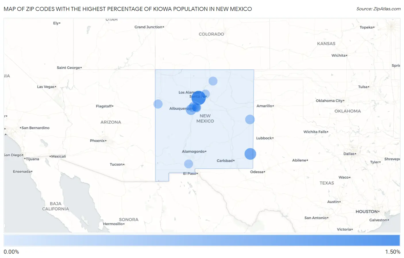 Zip Codes with the Highest Percentage of Kiowa Population in New Mexico Map
