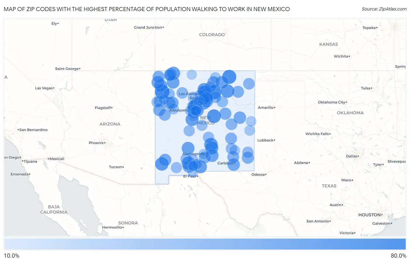 Zip Codes with the Highest Percentage of Population Walking to Work in New Mexico Map