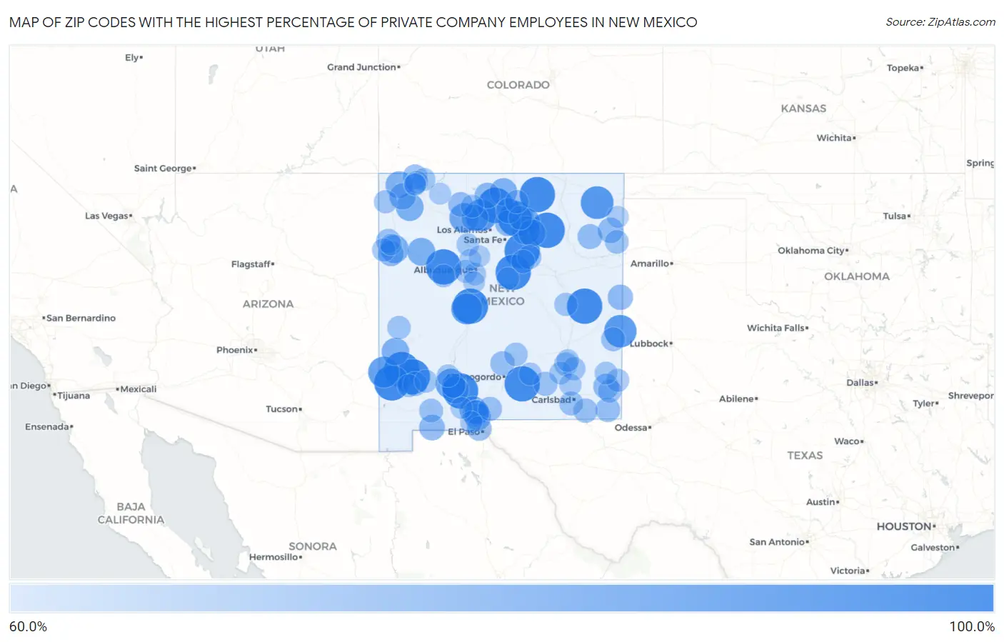 Zip Codes with the Highest Percentage of Private Company Employees in New Mexico Map