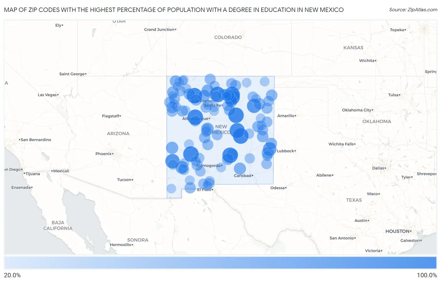 Zip Codes with the Highest Percentage of Population with a Degree in Education in New Mexico Map