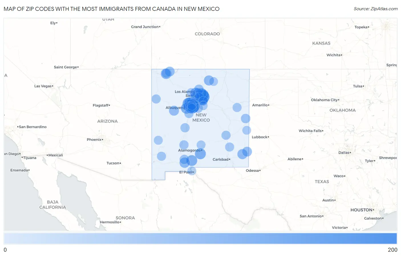 Zip Codes with the Most Immigrants from Canada in New Mexico Map