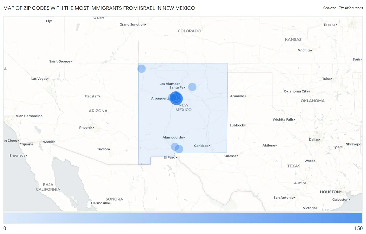 Zip Codes with the Most Immigrants from Israel in New Mexico Map