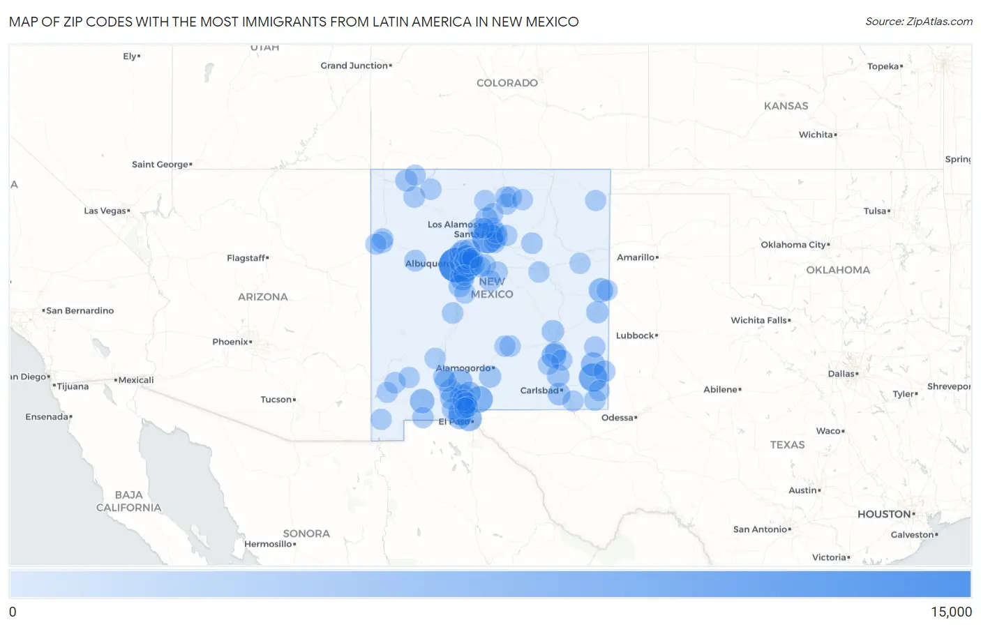 Zip Codes with the Most Immigrants from Latin America in New Mexico Map