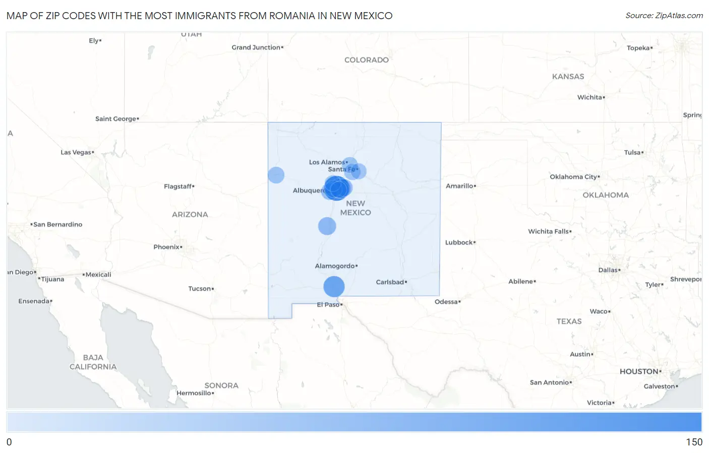 Zip Codes with the Most Immigrants from Romania in New Mexico Map
