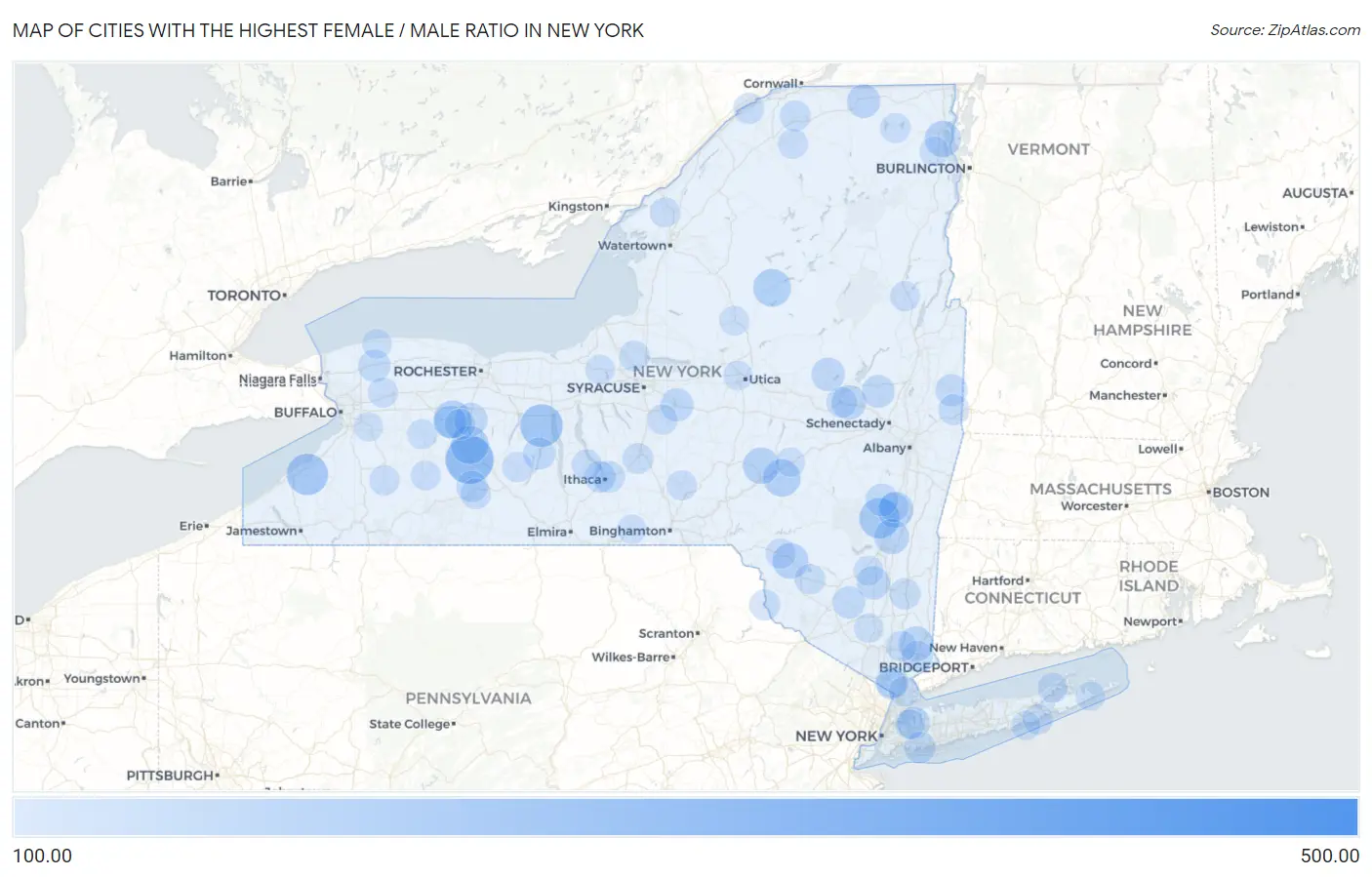 Cities with the Highest Female / Male Ratio in New York Map