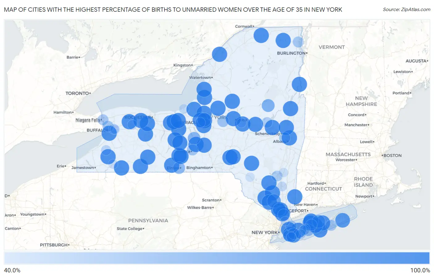 Cities with the Highest Percentage of Births to Unmarried Women over the Age of 35 in New York Map