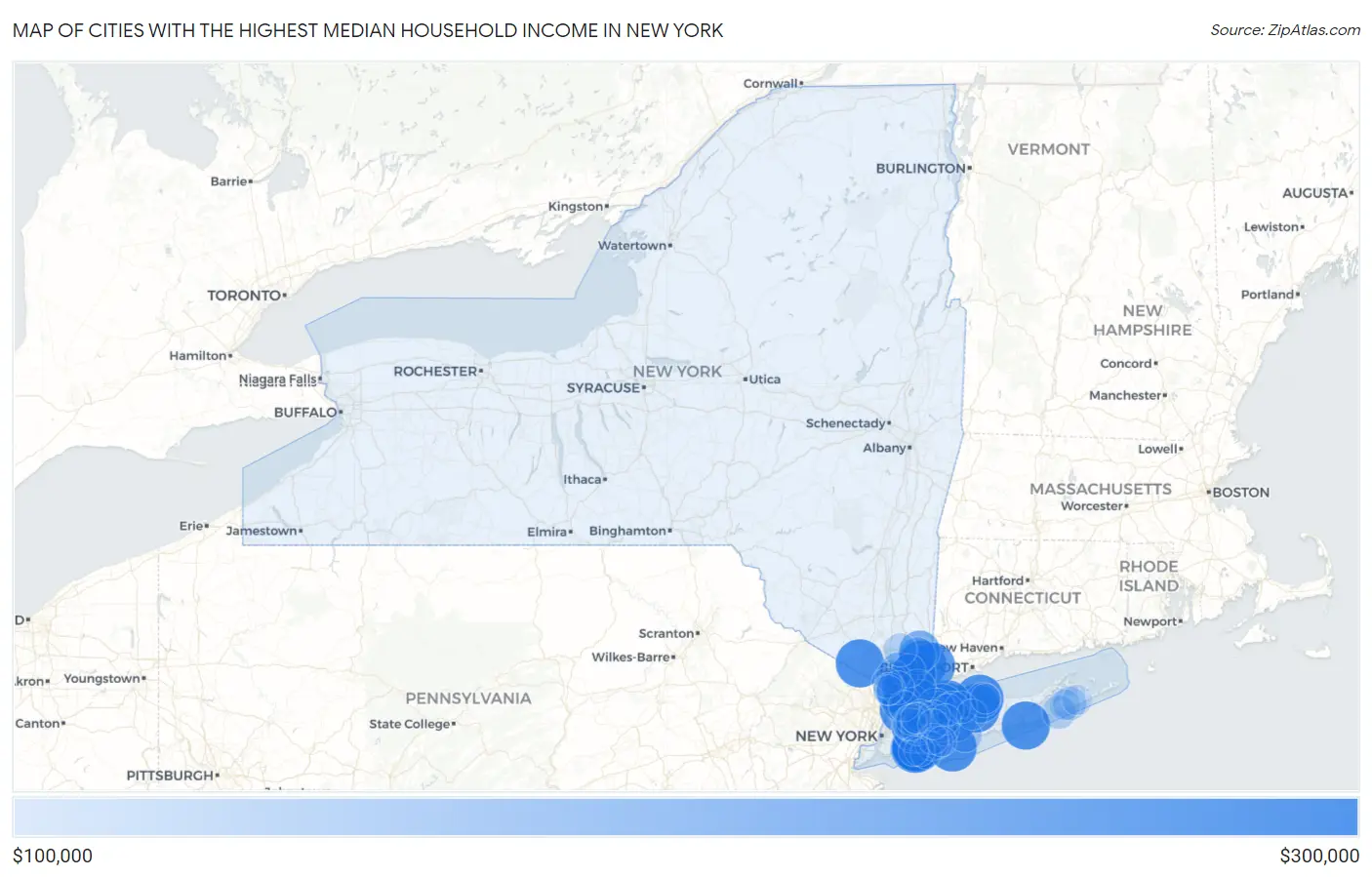 Cities with the Highest Median Household Income in New York Map