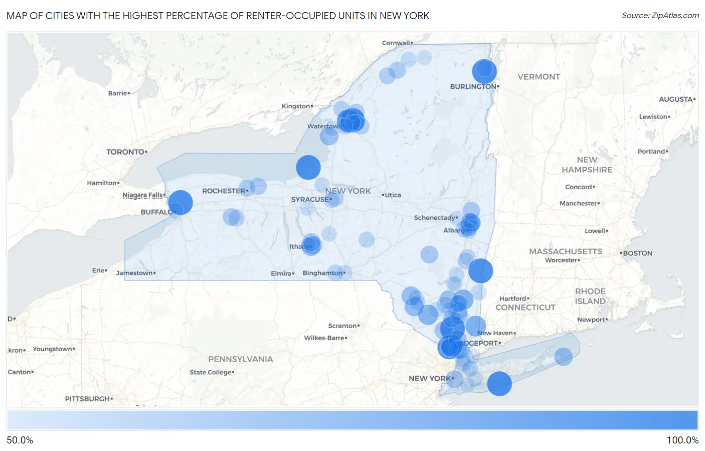 Cities with the Highest Percentage of Renter-Occupied Units in New York Map