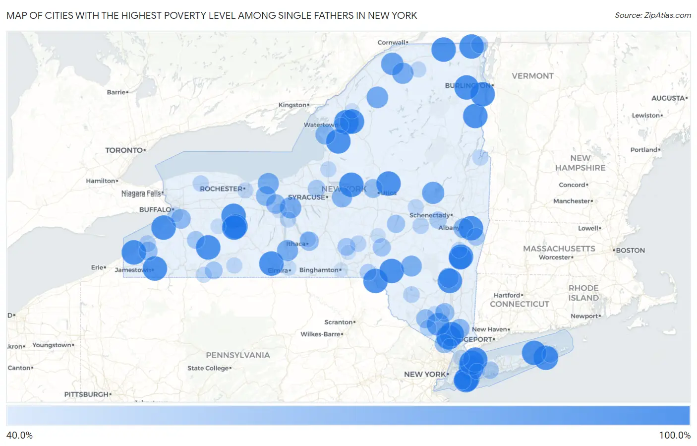 Cities with the Highest Poverty Level Among Single Fathers in New York Map