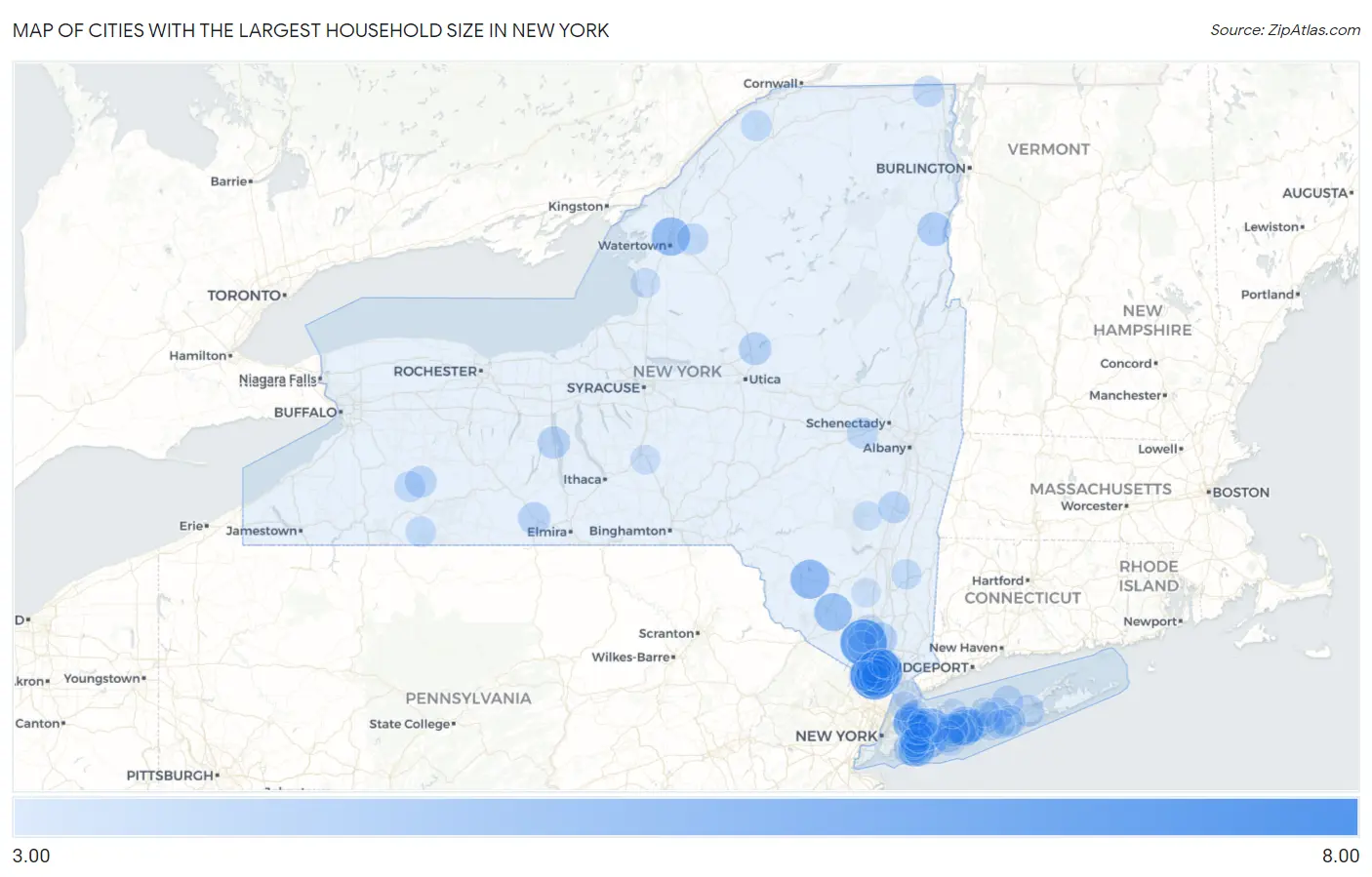 Cities with the Largest Household Size in New York Map