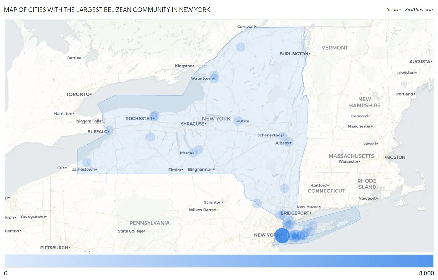 Cities with the Largest Belizean Community in New York Map