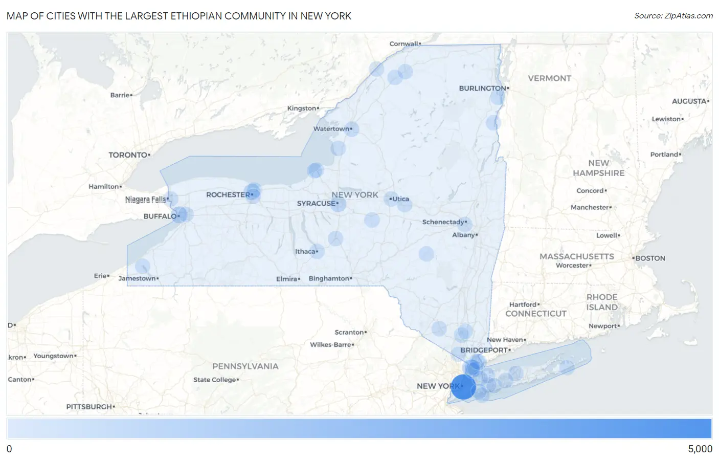 Cities with the Largest Ethiopian Community in New York Map