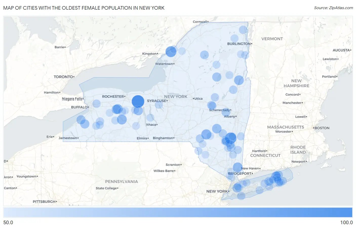 Cities with the Oldest Female Population in New York Map