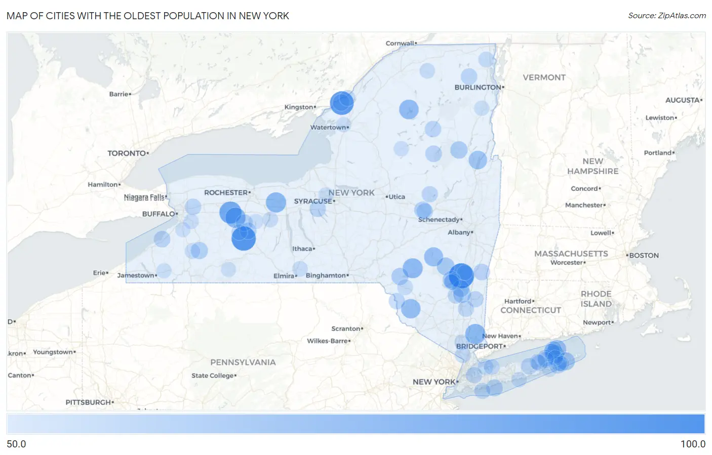 Cities with the Oldest Population in New York Map