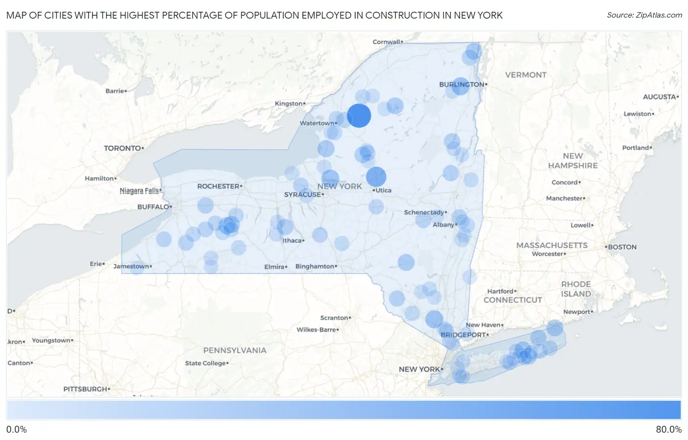 Cities with the Highest Percentage of Population Employed in Construction in New York Map