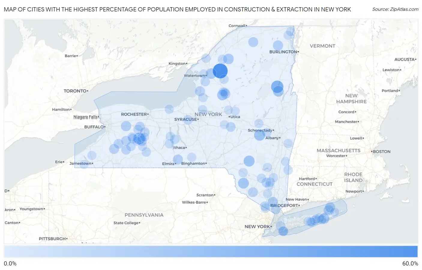 Cities with the Highest Percentage of Population Employed in Construction & Extraction in New York Map