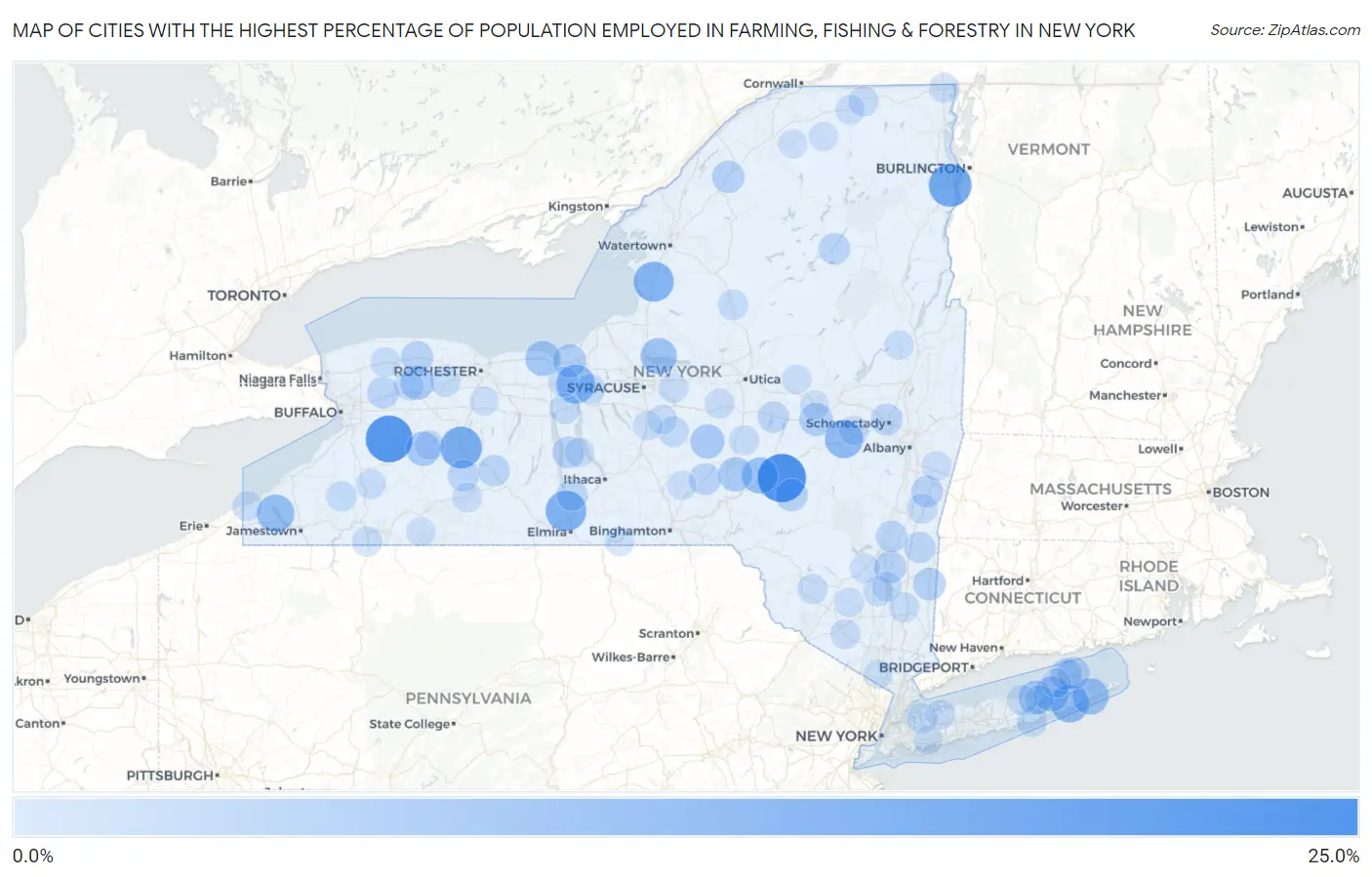 Cities with the Highest Percentage of Population Employed in Farming, Fishing & Forestry in New York Map