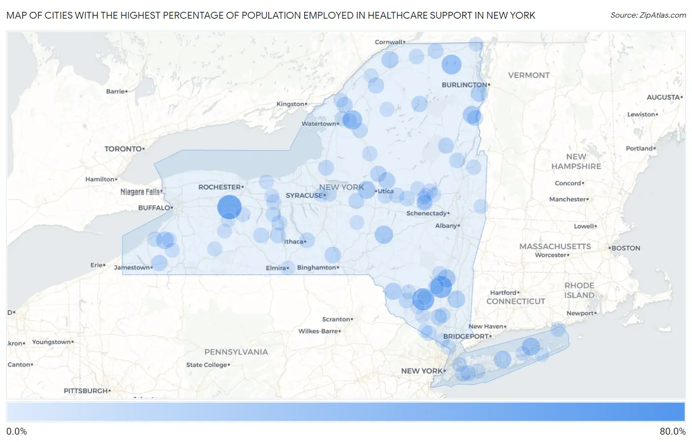 Cities with the Highest Percentage of Population Employed in Healthcare Support in New York Map
