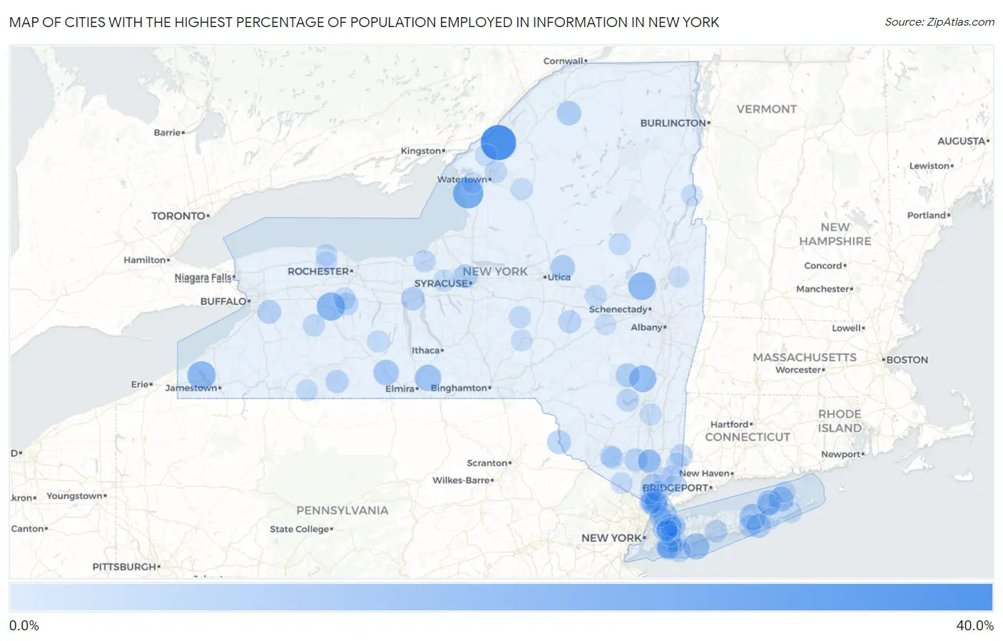 Cities with the Highest Percentage of Population Employed in Information in New York Map
