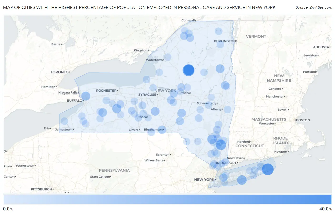 Cities with the Highest Percentage of Population Employed in Personal Care and Service in New York Map