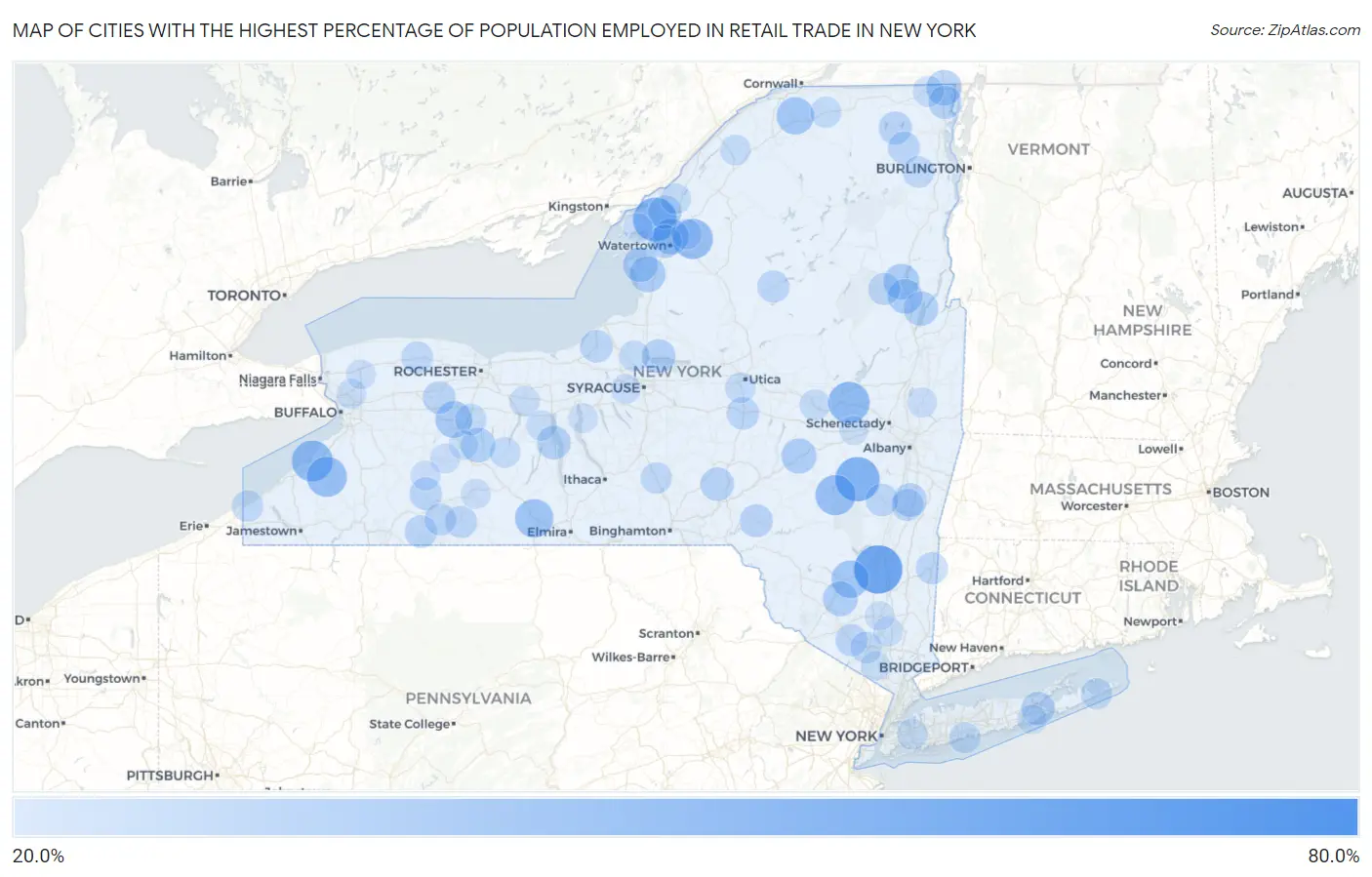 Cities with the Highest Percentage of Population Employed in Retail Trade in New York Map