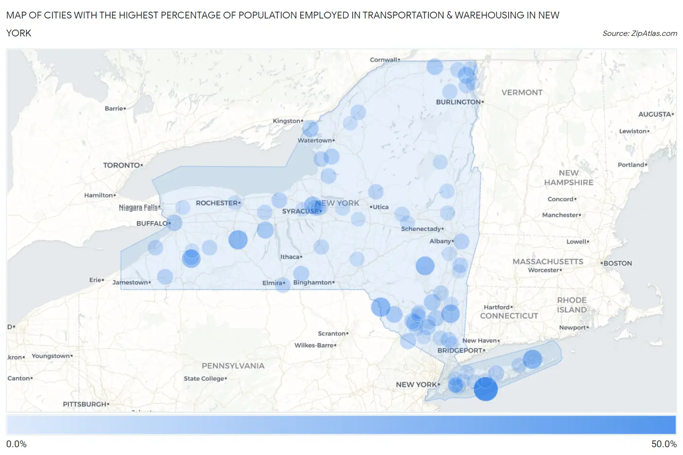 Cities with the Highest Percentage of Population Employed in Transportation & Warehousing in New York Map