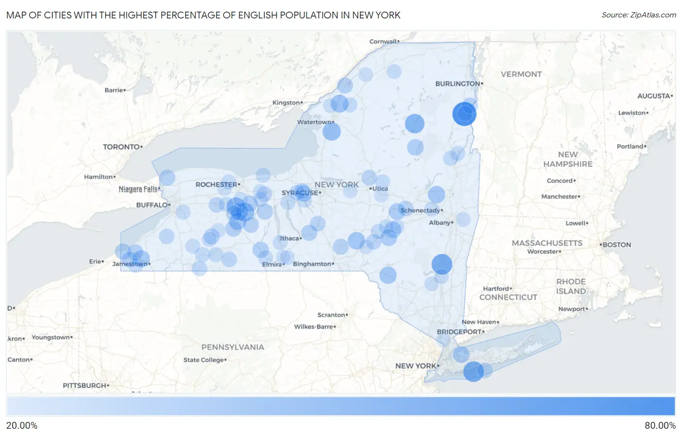Cities with the Highest Percentage of English Population in New York Map