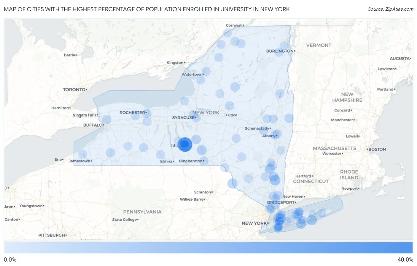 Cities with the Highest Percentage of Population Enrolled in University in New York Map