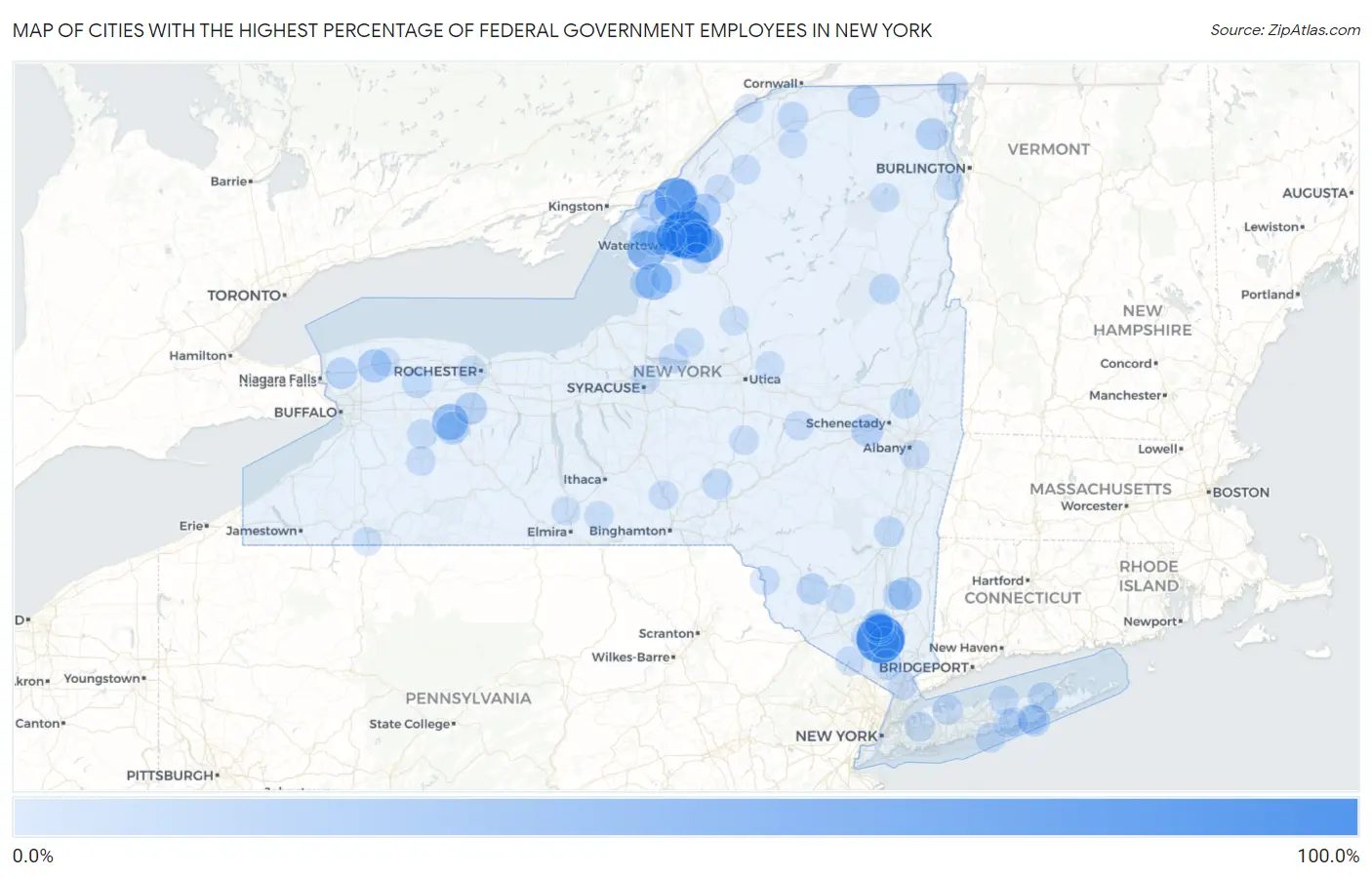 Cities with the Highest Percentage of Federal Government Employees in New York Map