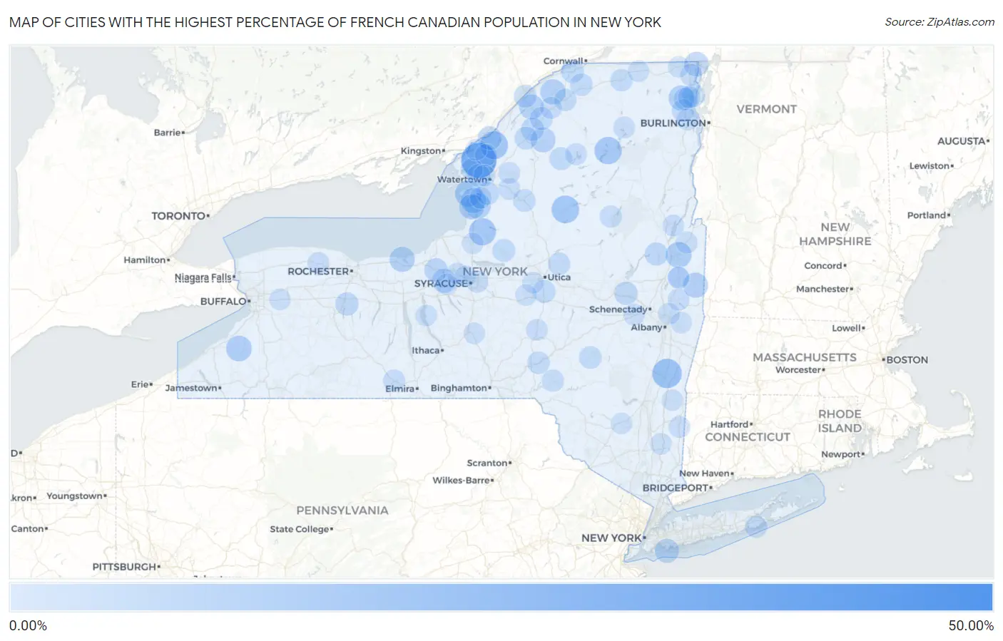 Cities with the Highest Percentage of French Canadian Population in New York Map
