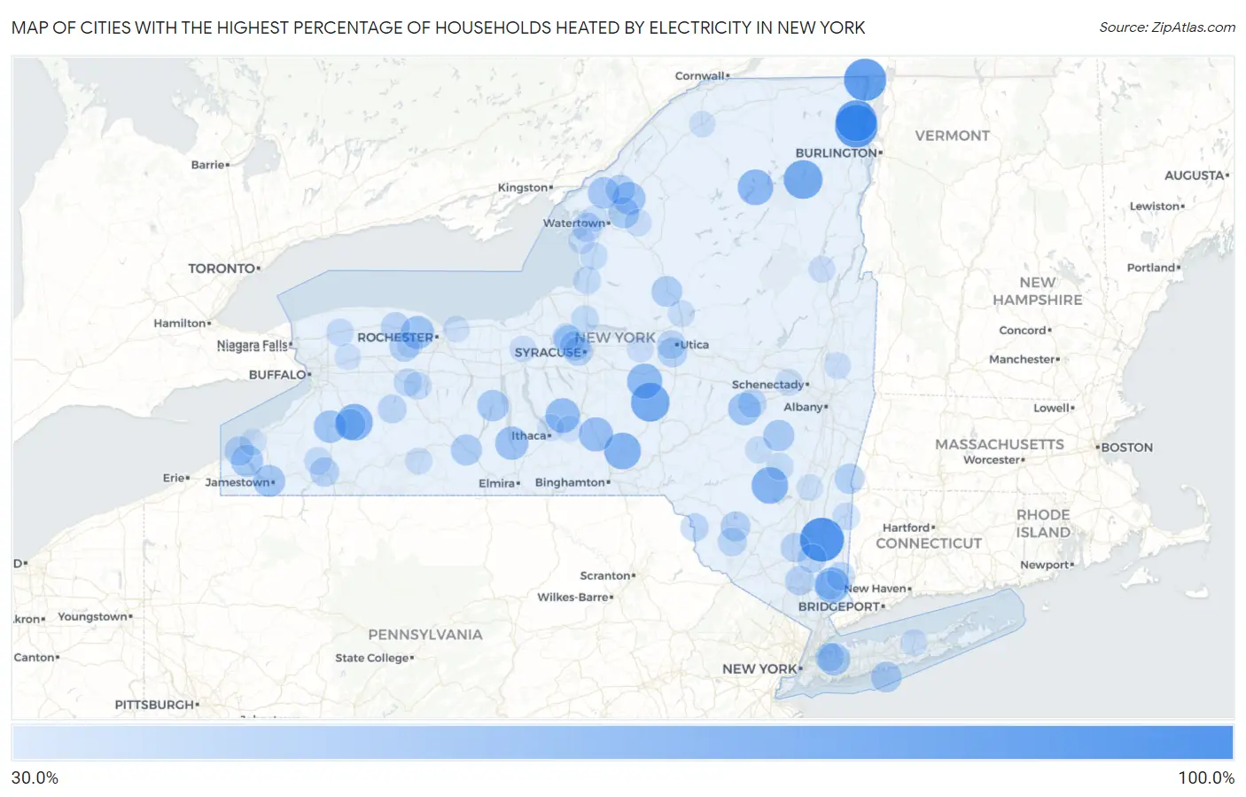 Cities with the Highest Percentage of Households Heated by Electricity in New York Map