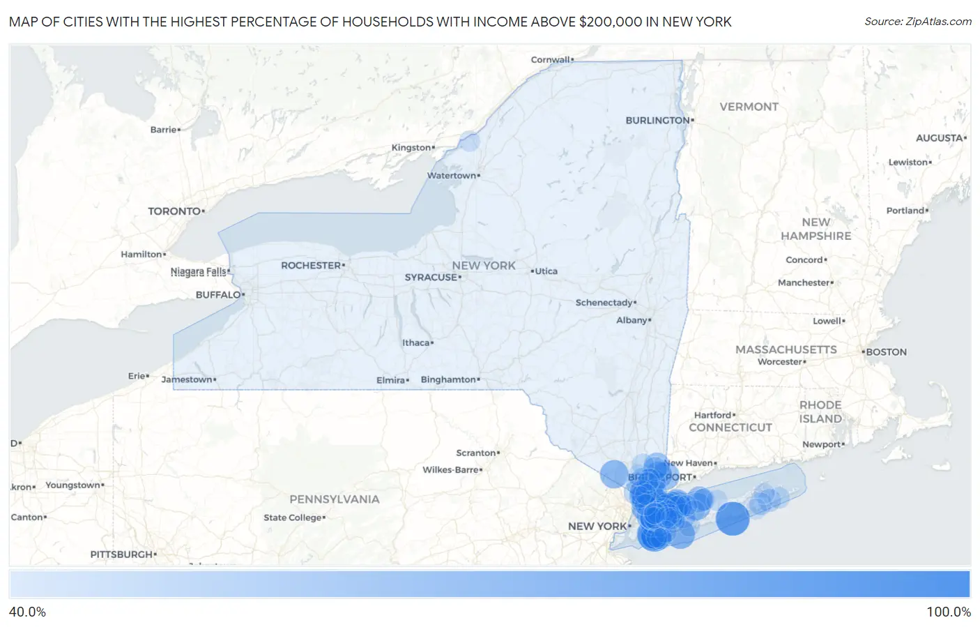 Cities with the Highest Percentage of Households with Income Above $200,000 in New York Map