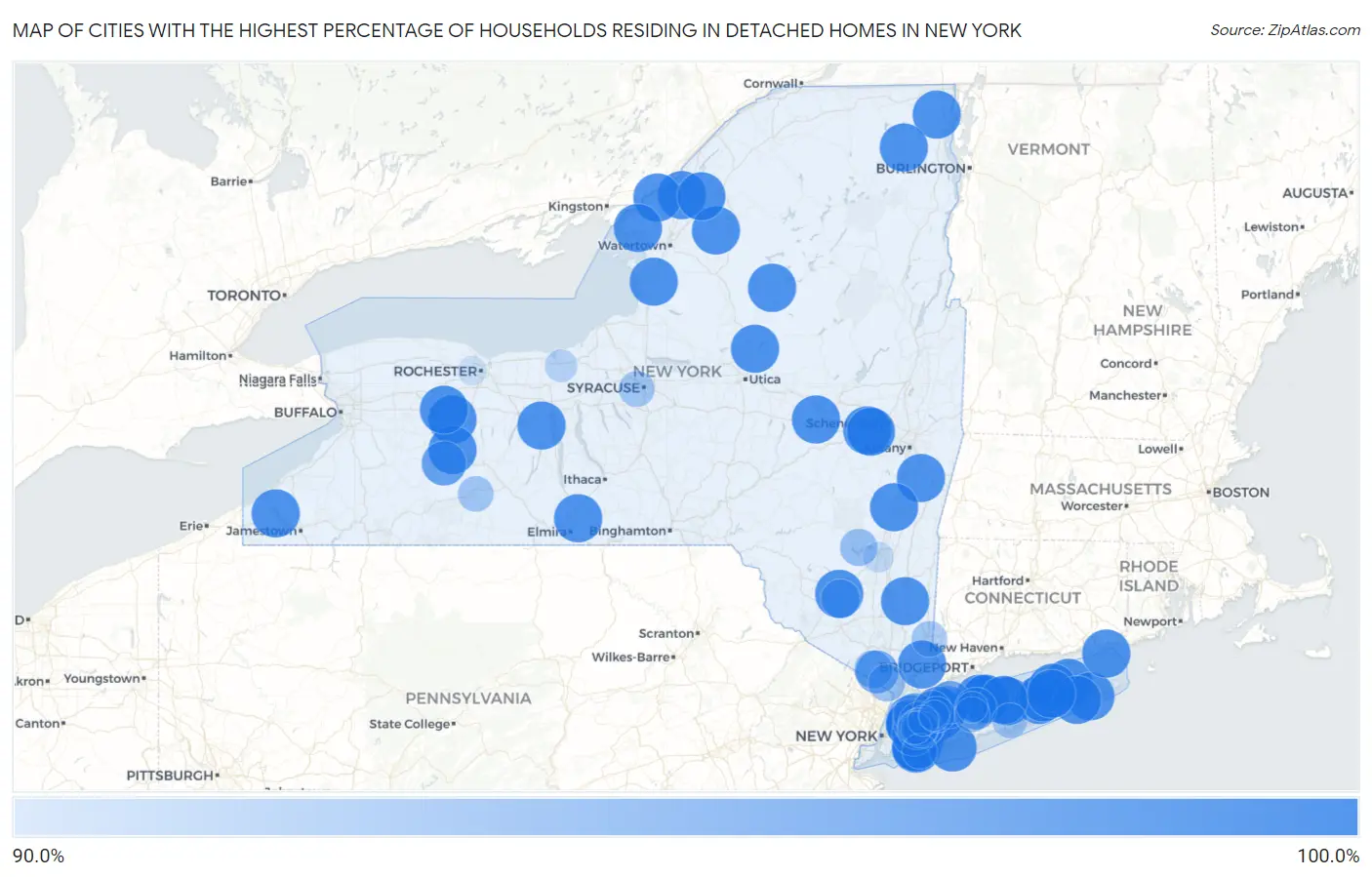 Cities with the Highest Percentage of Households Residing in Detached Homes in New York Map