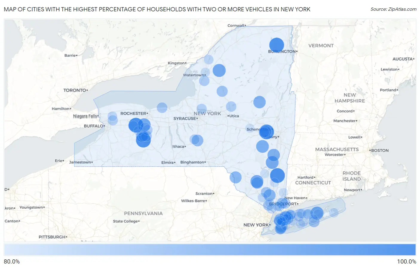 Cities with the Highest Percentage of Households With Two or more Vehicles in New York Map