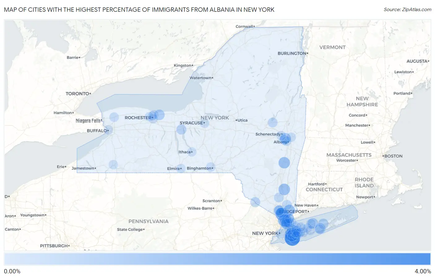 Cities with the Highest Percentage of Immigrants from Albania in New York Map