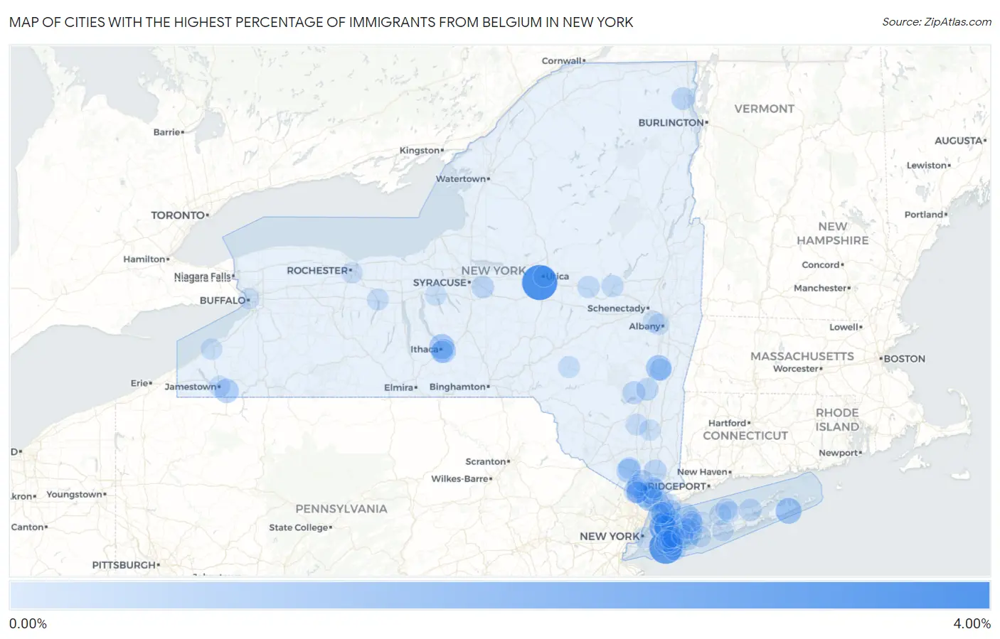 Cities with the Highest Percentage of Immigrants from Belgium in New York Map