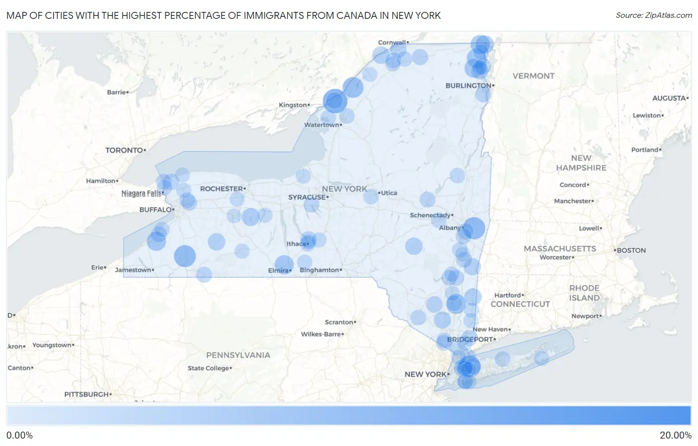 Cities with the Highest Percentage of Immigrants from Canada in New York Map