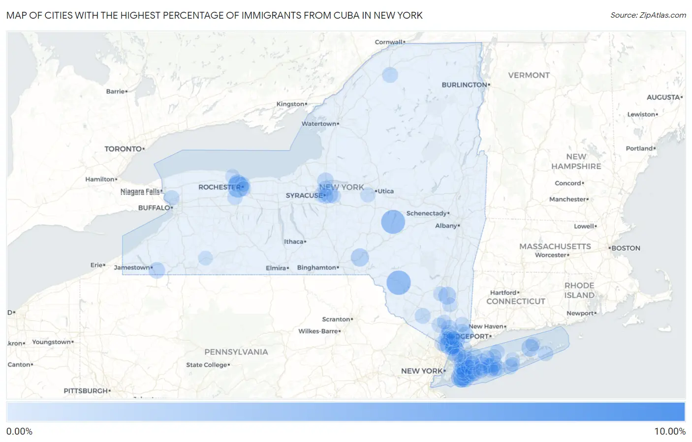 Cities with the Highest Percentage of Immigrants from Cuba in New York Map