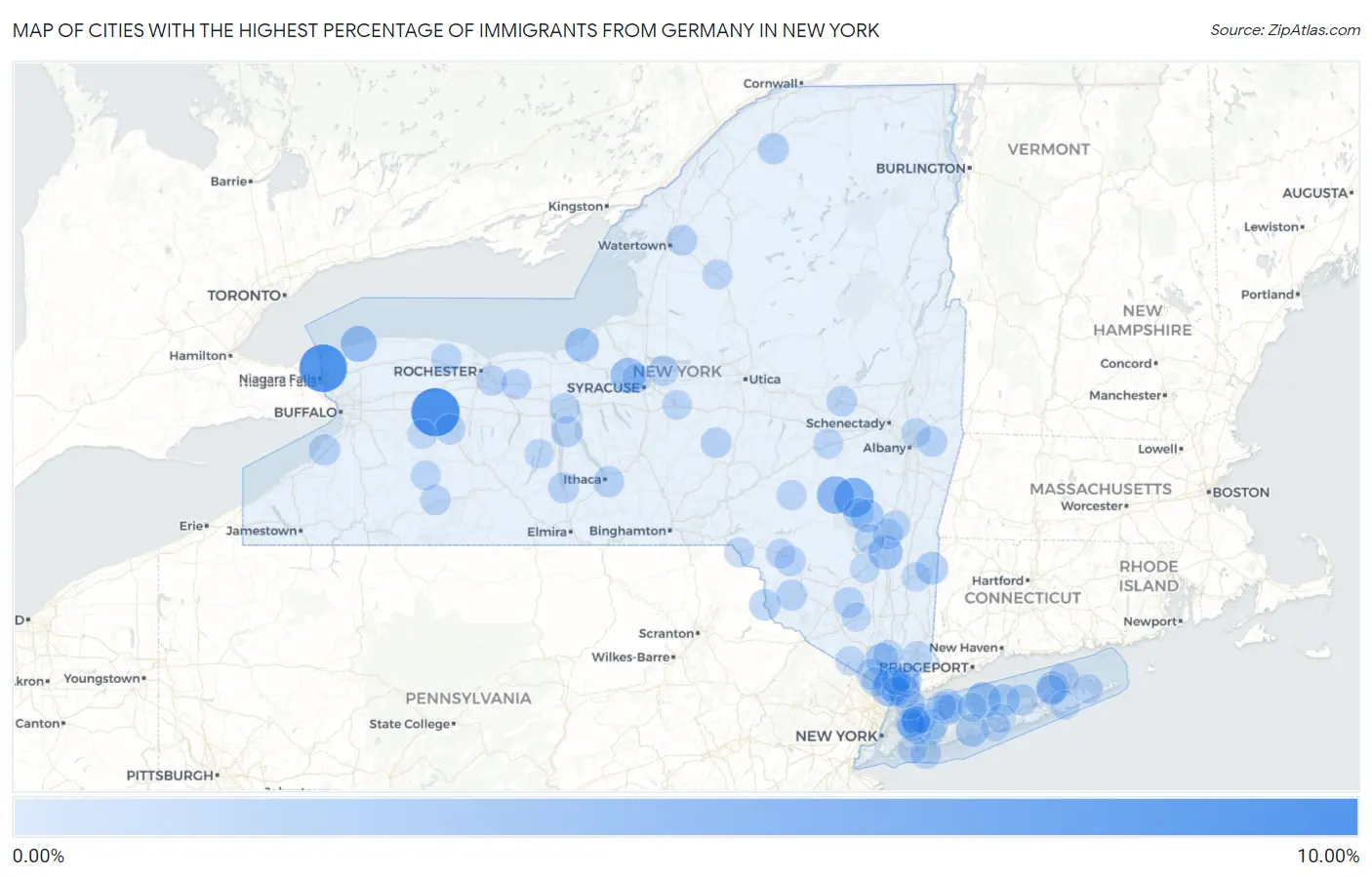 Cities with the Highest Percentage of Immigrants from Germany in New York Map
