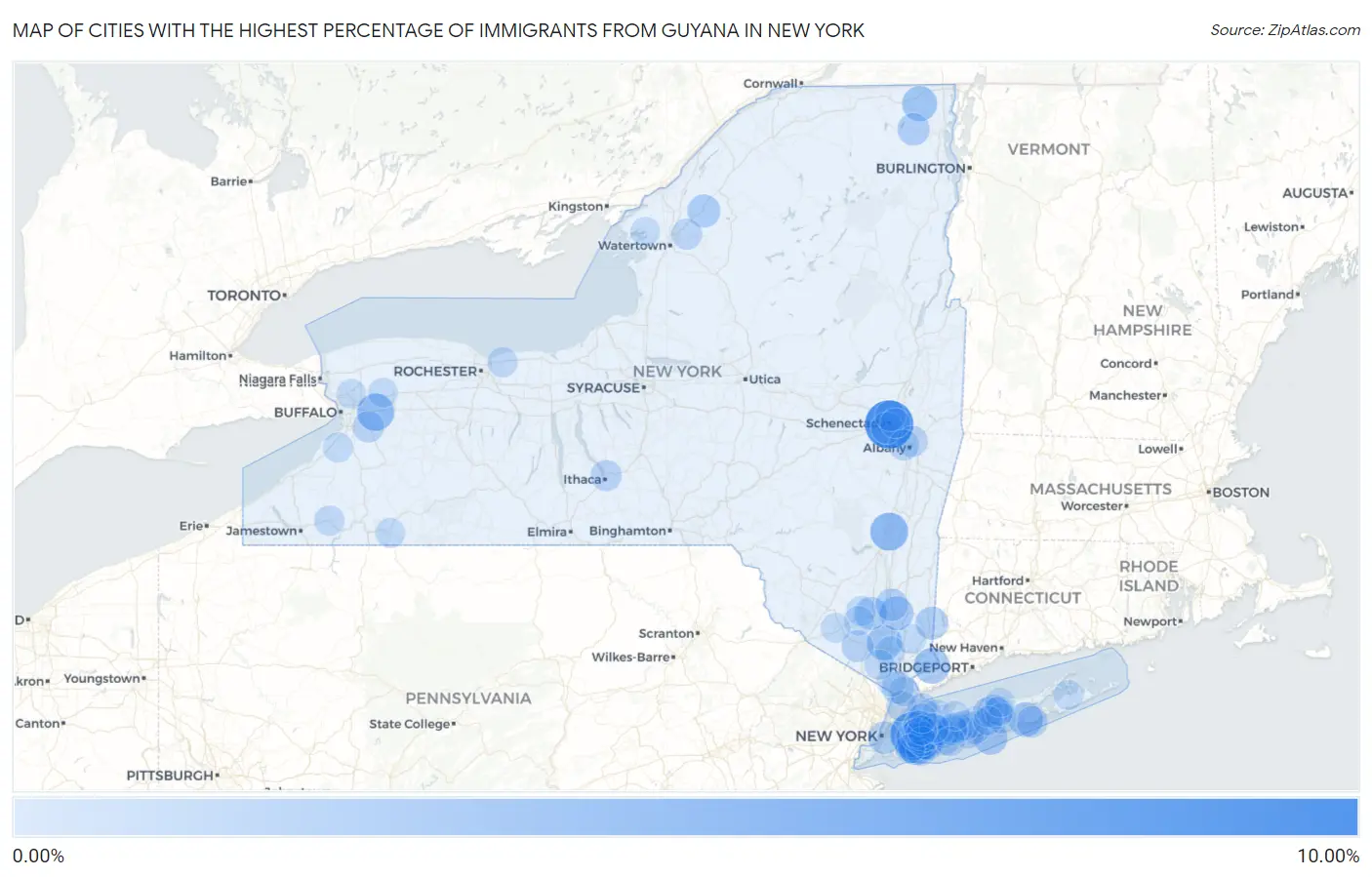 Cities with the Highest Percentage of Immigrants from Guyana in New York Map