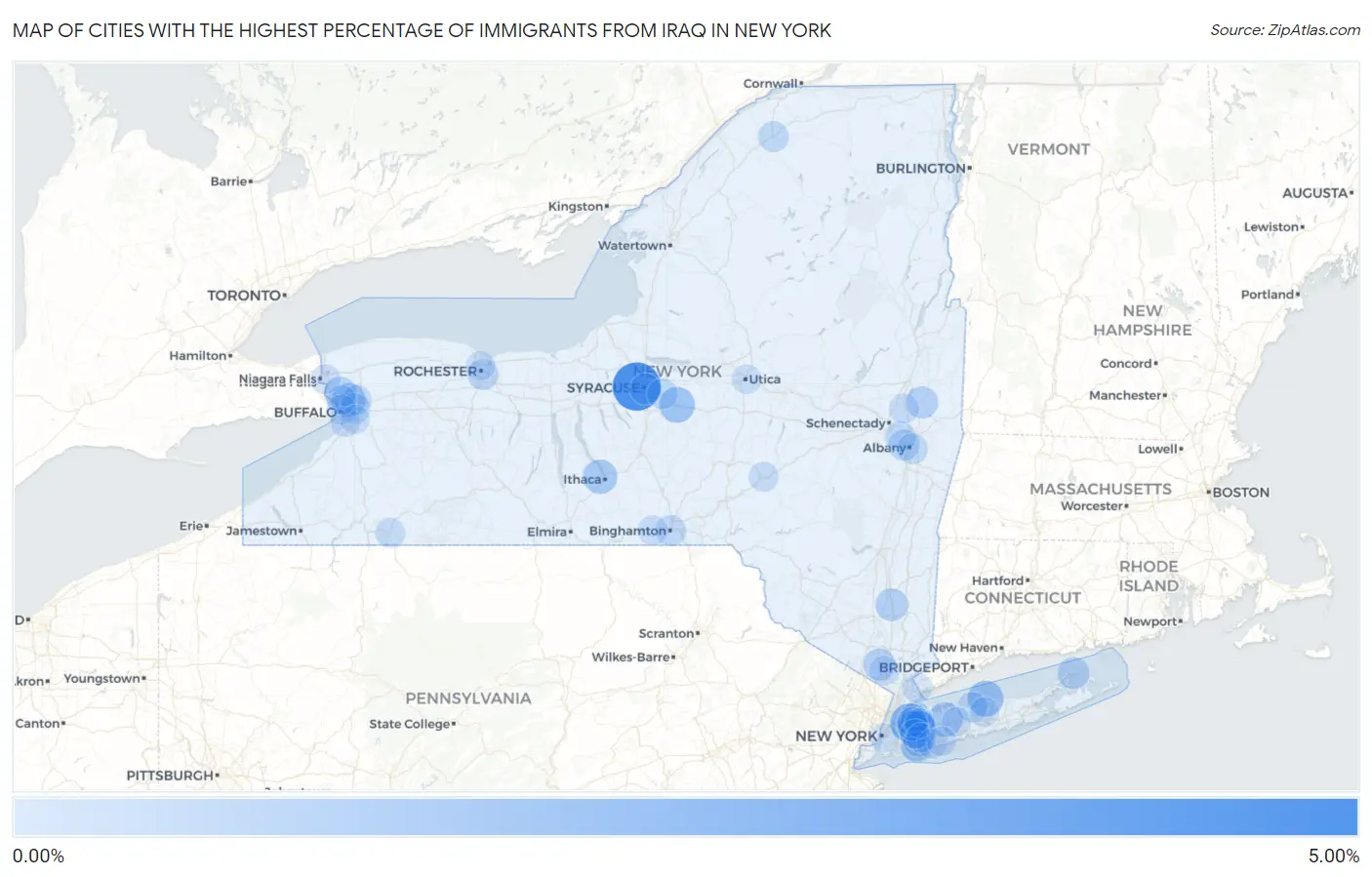 Cities with the Highest Percentage of Immigrants from Iraq in New York Map