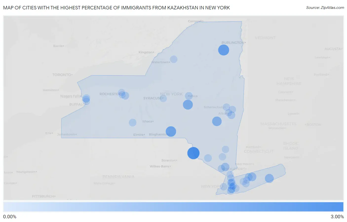 Cities with the Highest Percentage of Immigrants from Kazakhstan in New York Map