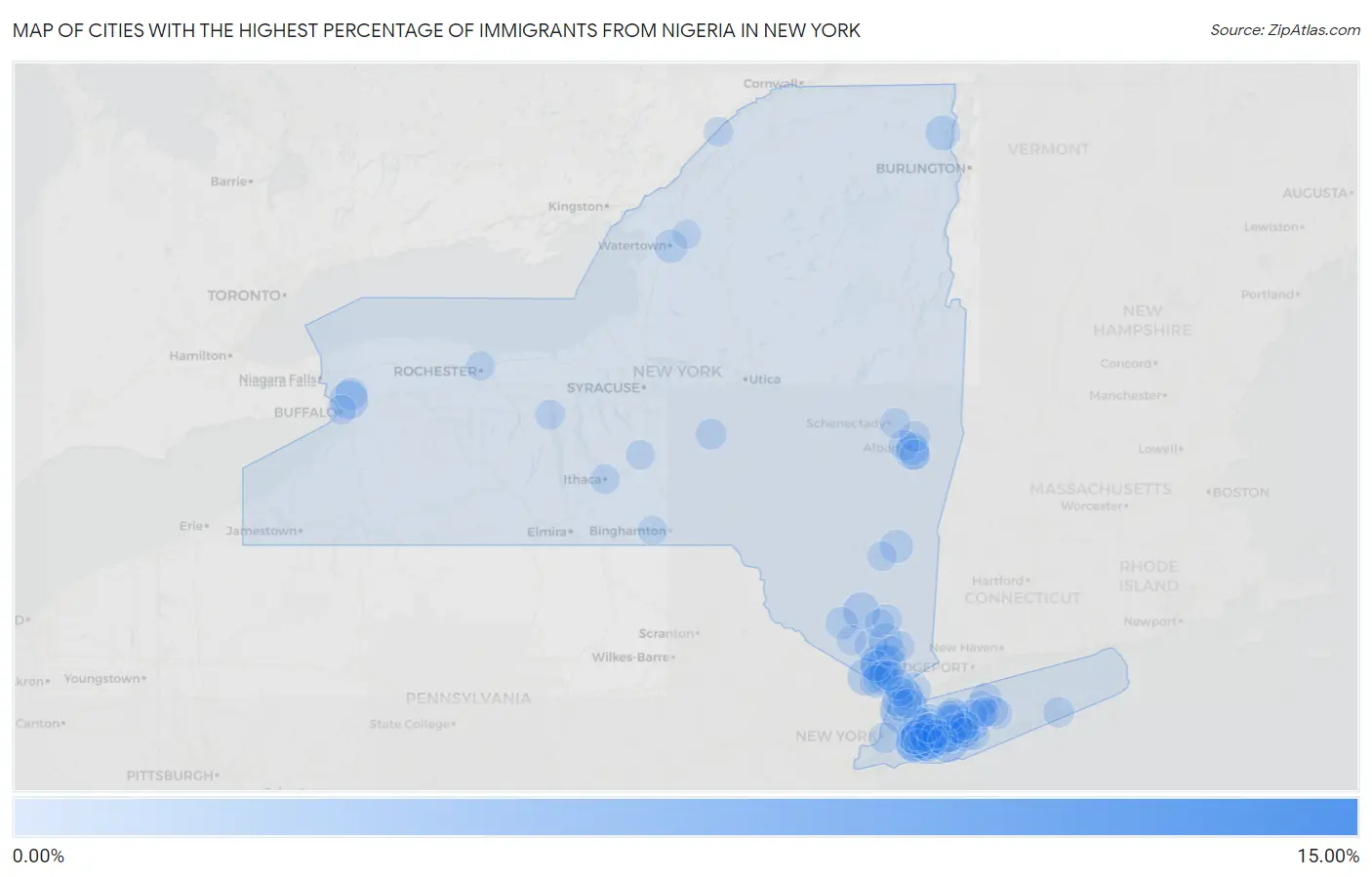 Cities with the Highest Percentage of Immigrants from Nigeria in New York Map