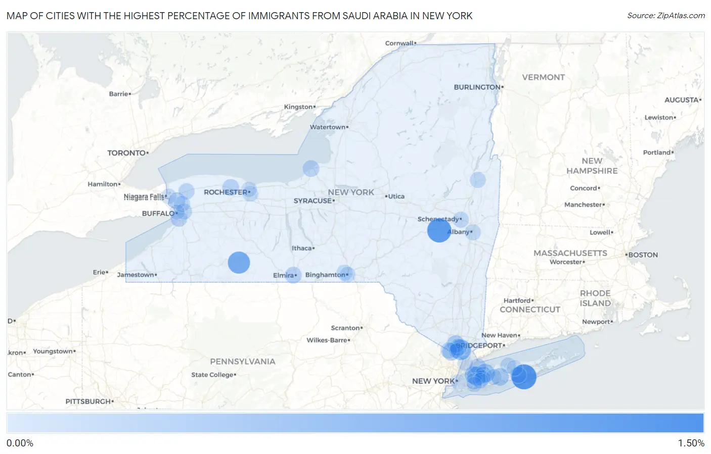 Cities with the Highest Percentage of Immigrants from Saudi Arabia in New York Map