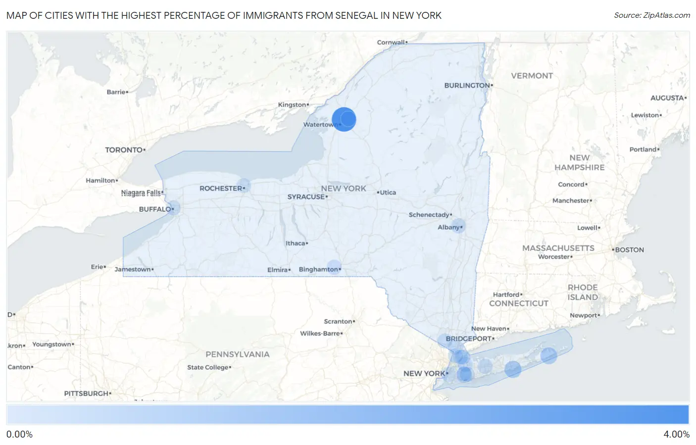 Cities with the Highest Percentage of Immigrants from Senegal in New York Map