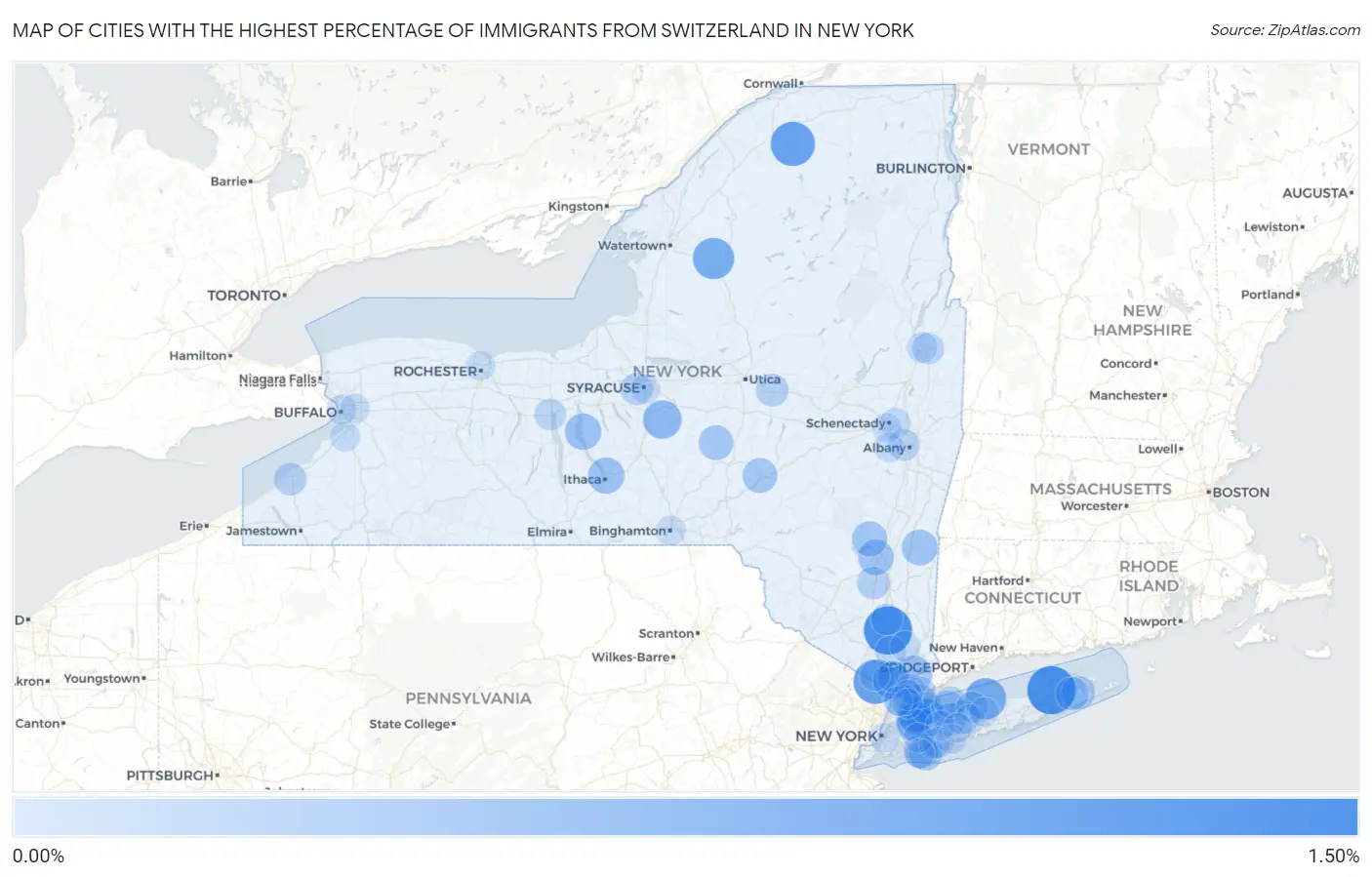 Cities with the Highest Percentage of Immigrants from Switzerland in New York Map