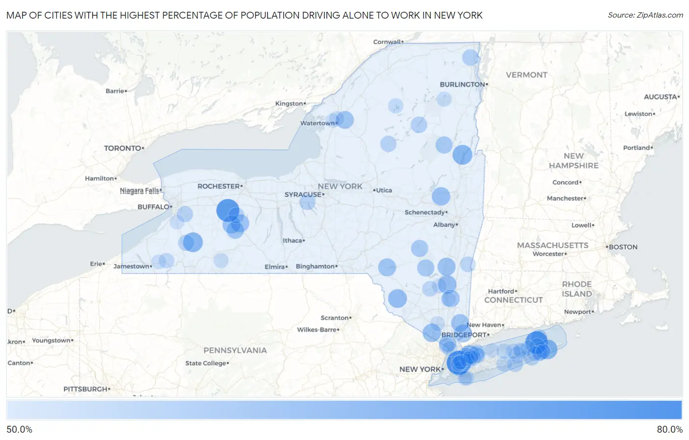 Cities with the Highest Percentage of Population Driving Alone to Work in New York Map